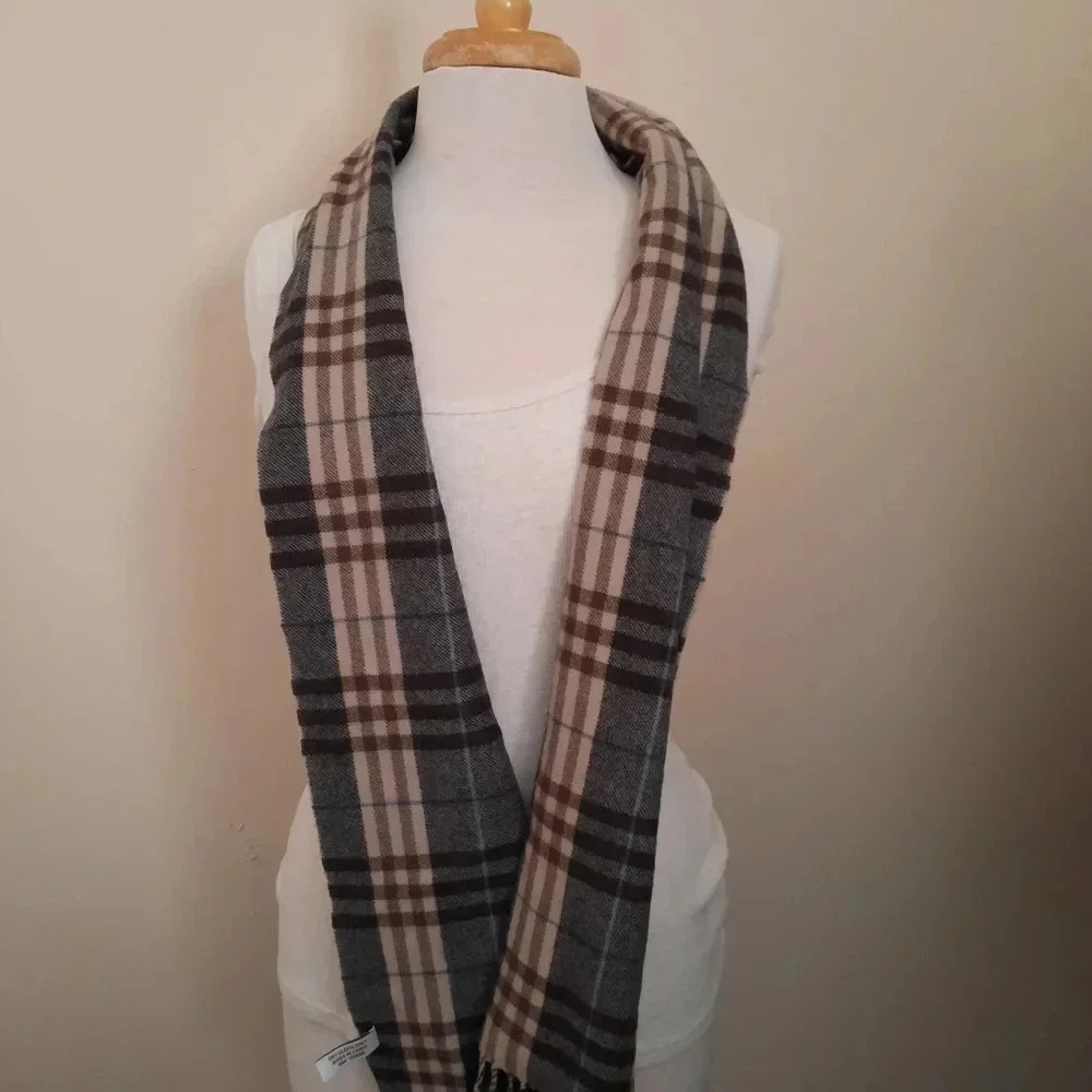 Enzo  Mantovani Wool Cashmere Scarf Plaid Tassels Rectangle GUC